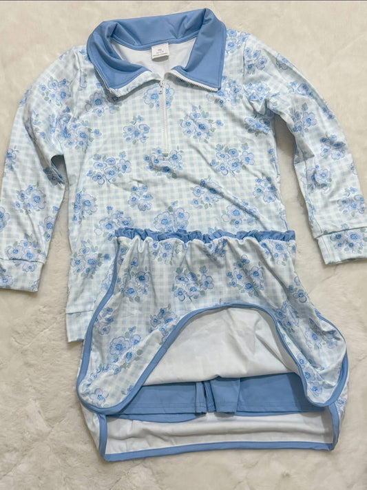 Blue floral pullover skirt set girls athletic
