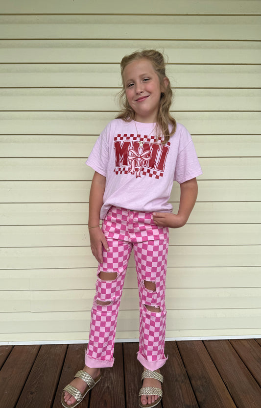 Checkered pink jeans girls