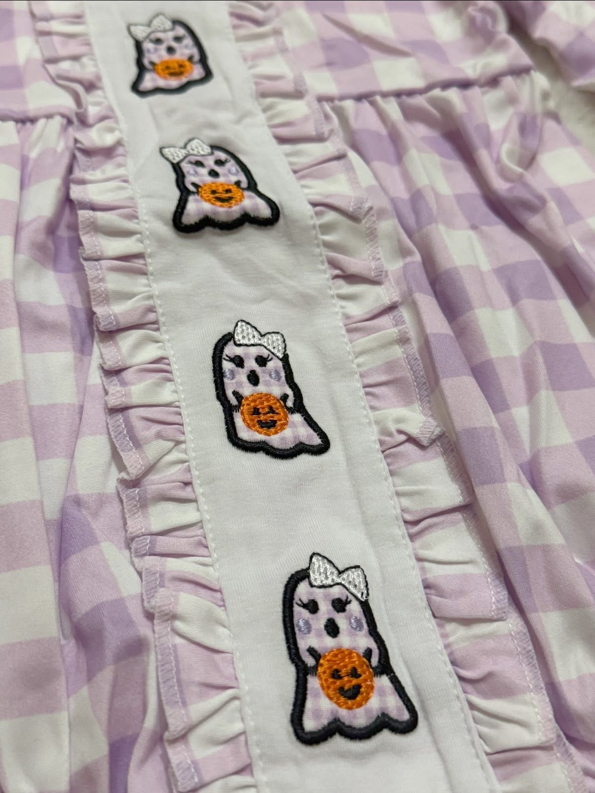 Purple gingham plaid ghost pumpkin romper girls