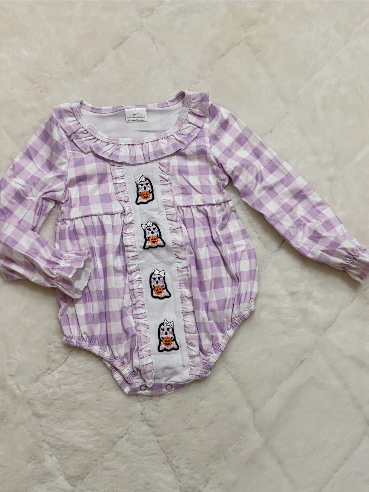 Purple gingham plaid ghost pumpkin romper girls