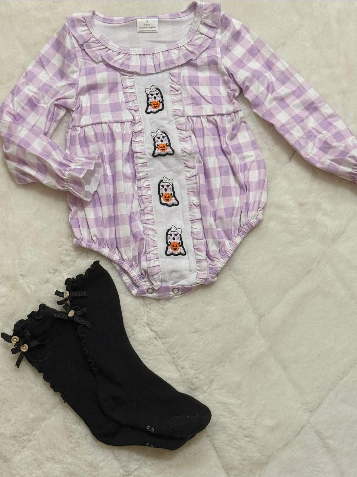 Purple gingham plaid ghost pumpkin romper girls