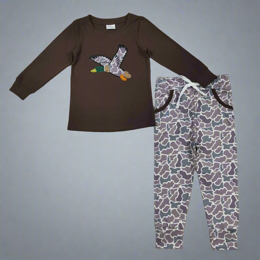 Duck Camo boys romper bubble set