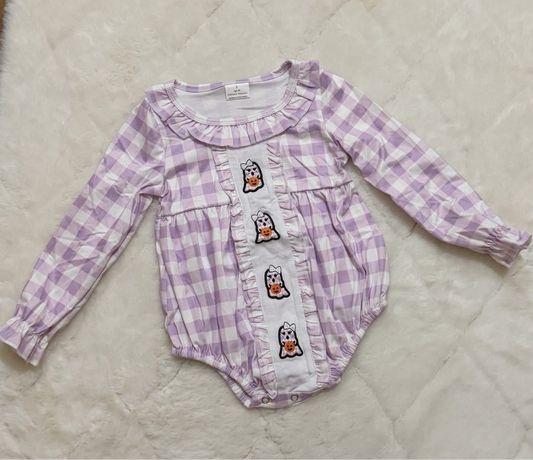 Purple gingham plaid ghost pumpkin romper girls