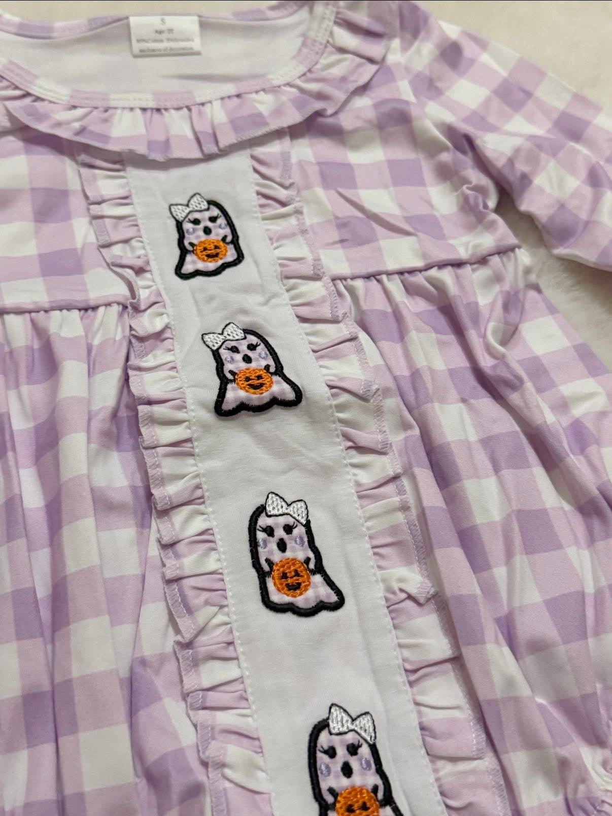 Purple gingham plaid ghost pumpkin romper girls