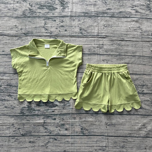 Olive/sage  green Scalloped set girls