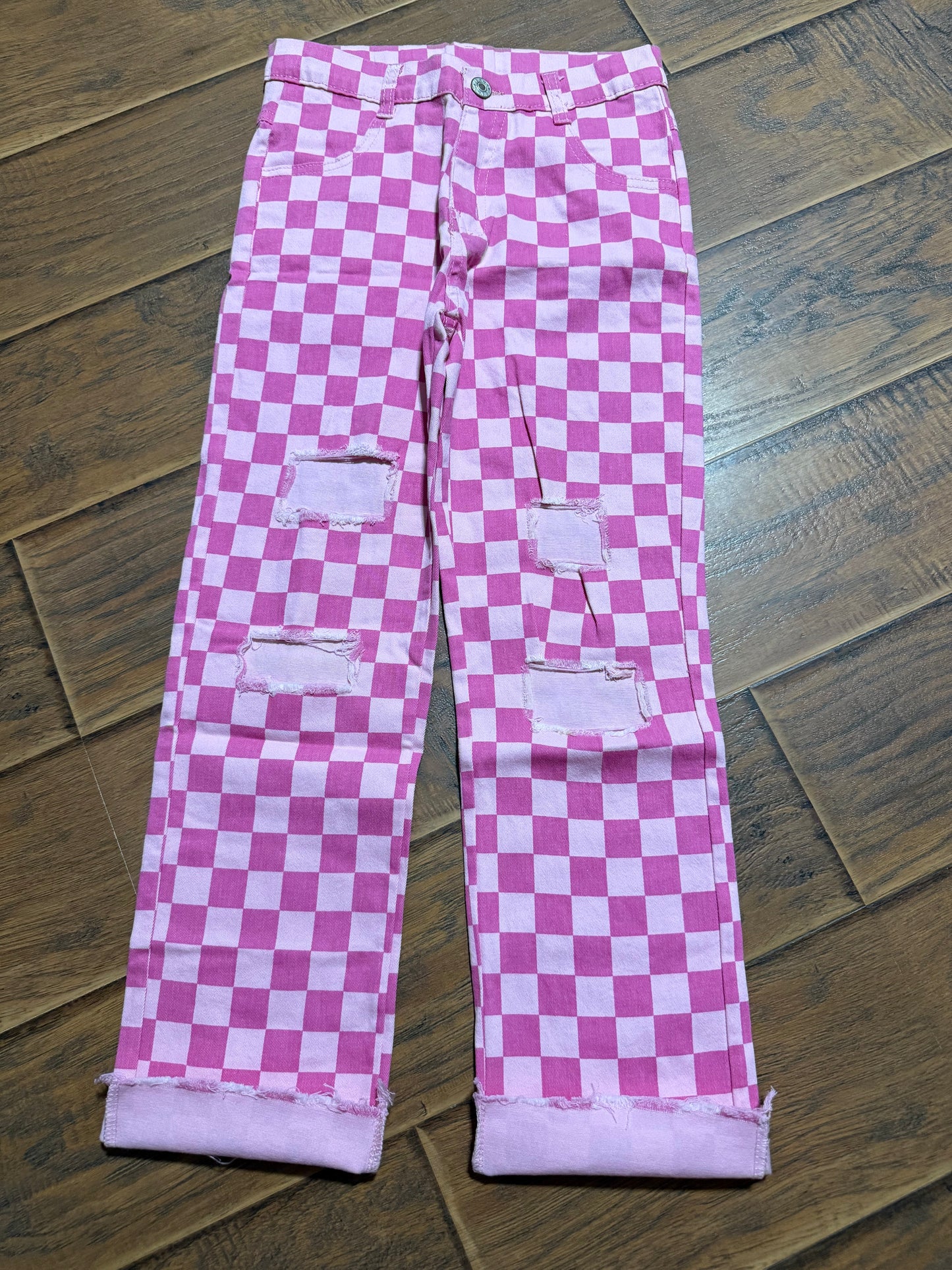 Checkered pink jeans girls