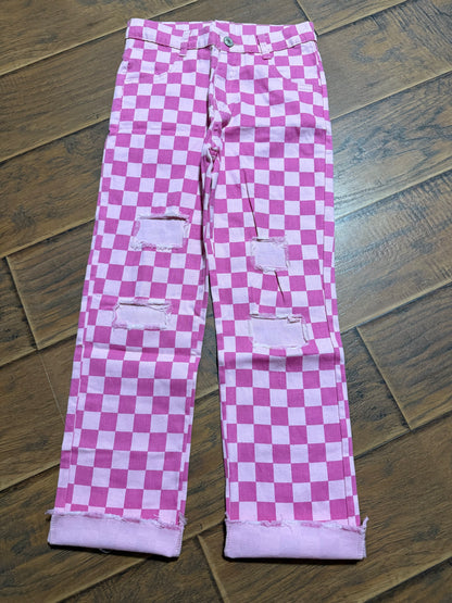 Checkered pink jeans girls