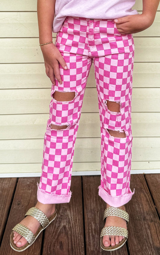 Checkered pink jeans girls