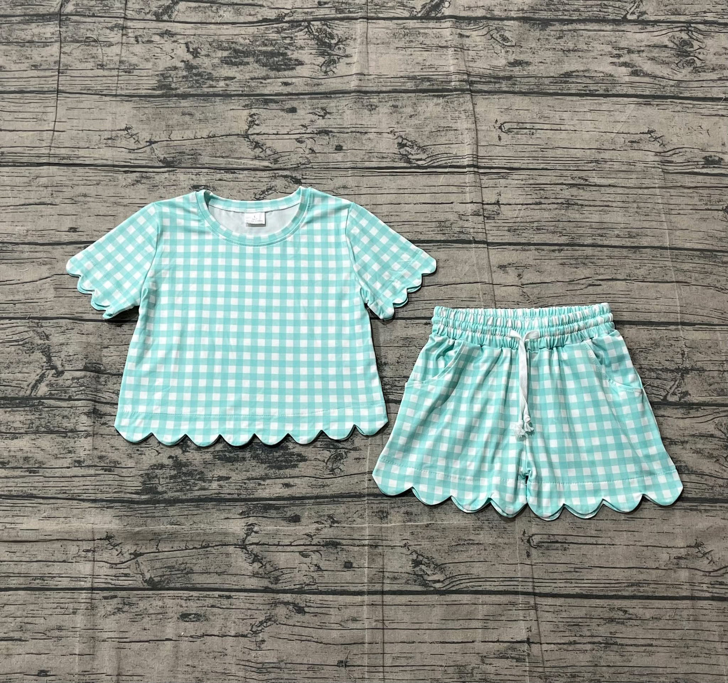 Scalloped set girls aqua gingham