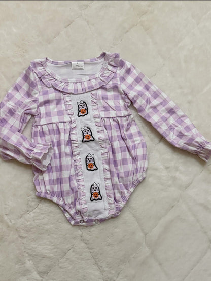 Purple gingham plaid ghost pumpkin romper girls