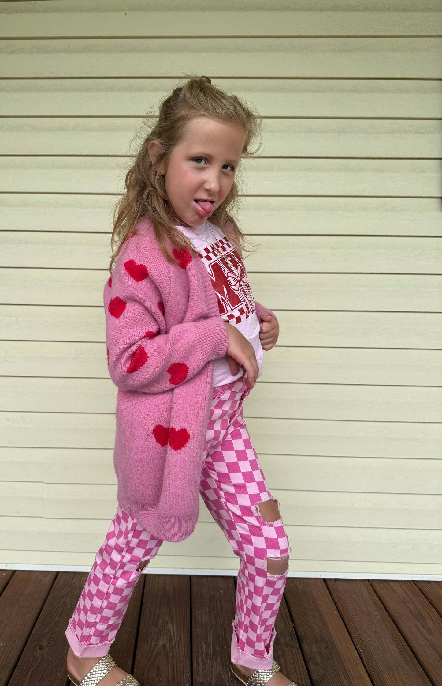 Checkered pink jeans girls