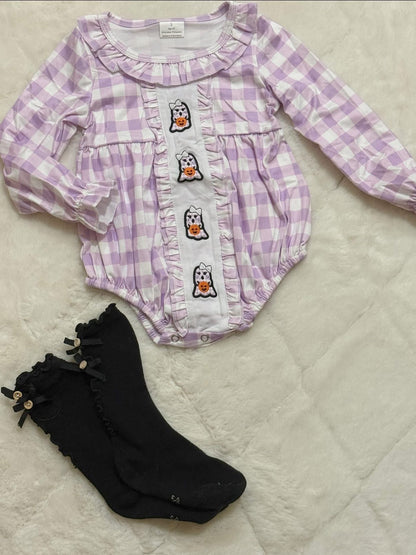 Purple gingham plaid ghost pumpkin romper girls