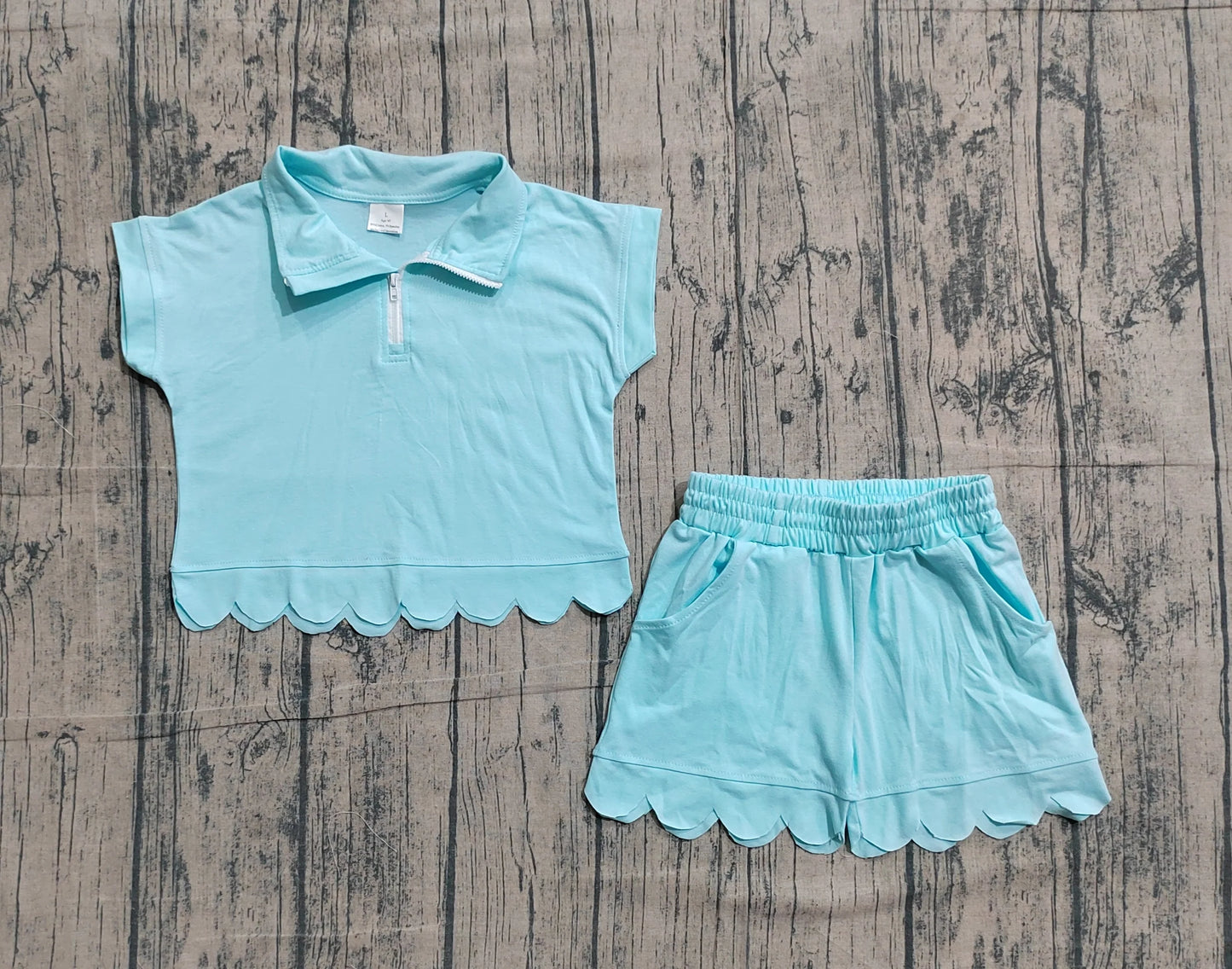 Scalloped zip set girls blue