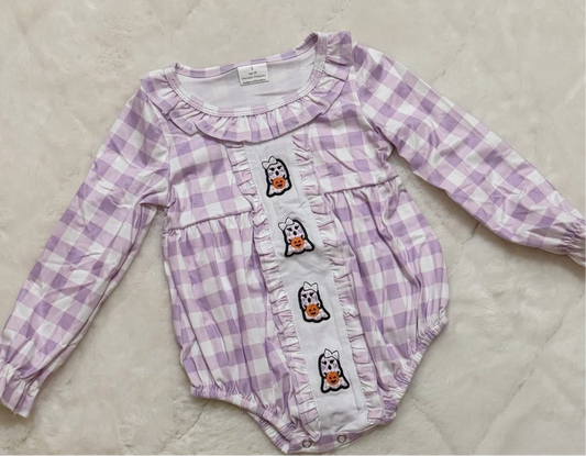 Purple gingham plaid ghost pumpkin romper girls