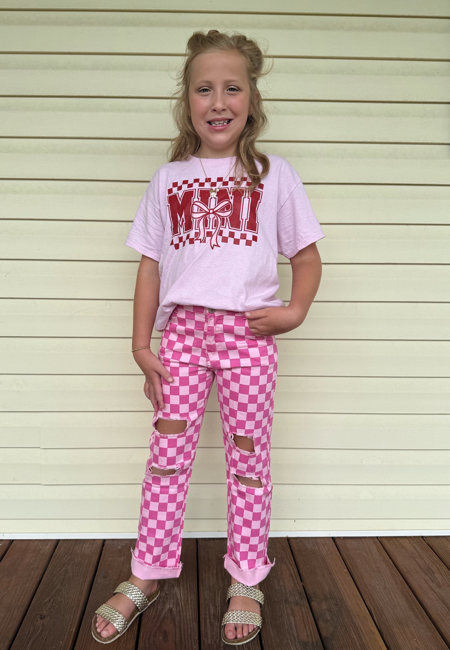 Checkered pink jeans girls
