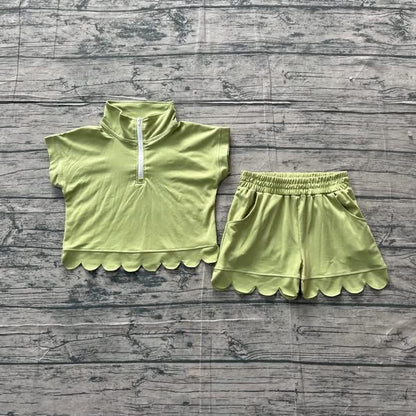 Olive/sage  green Scalloped set girls
