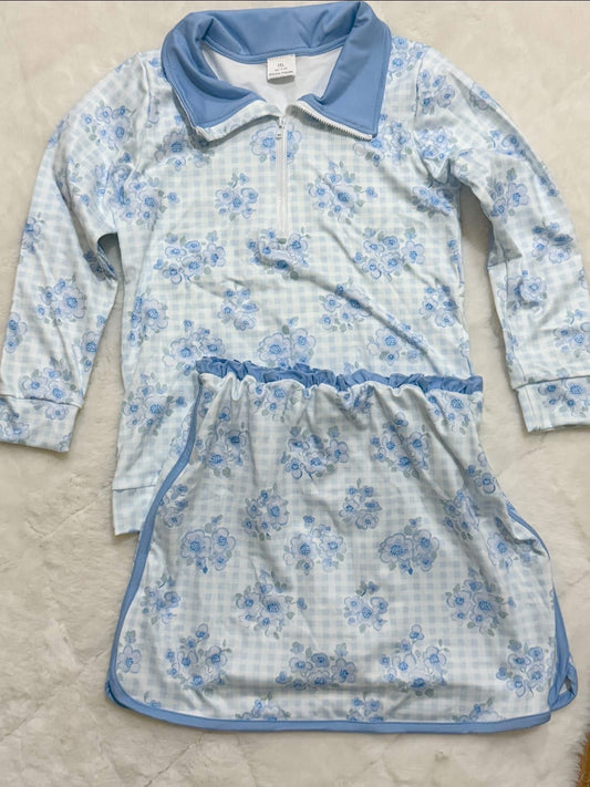 Blue floral skirt set girls athletic