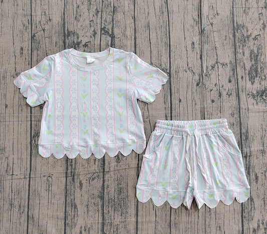 Blue floral Scalloped set girls