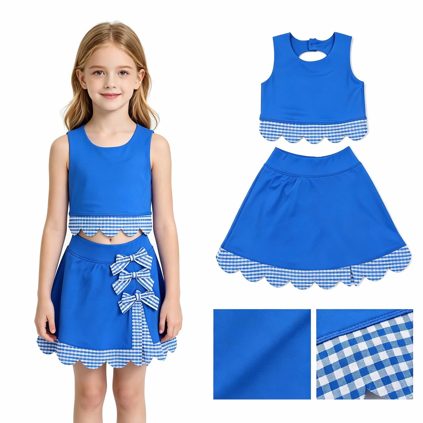 Blue plaid gingham set girls