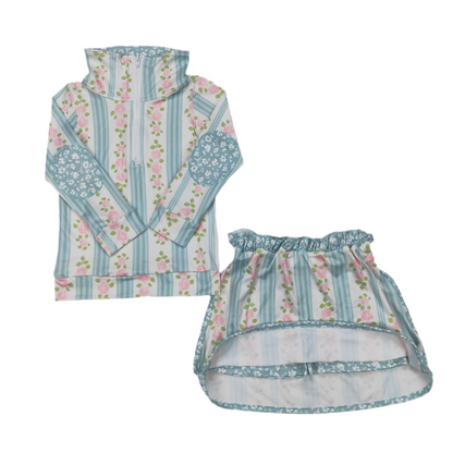 Blue/green floral pullover skirt set girls