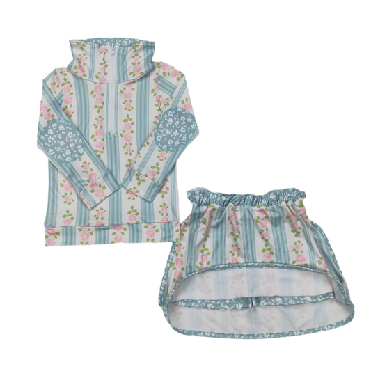 Blue/green floral pullover skirt set girls