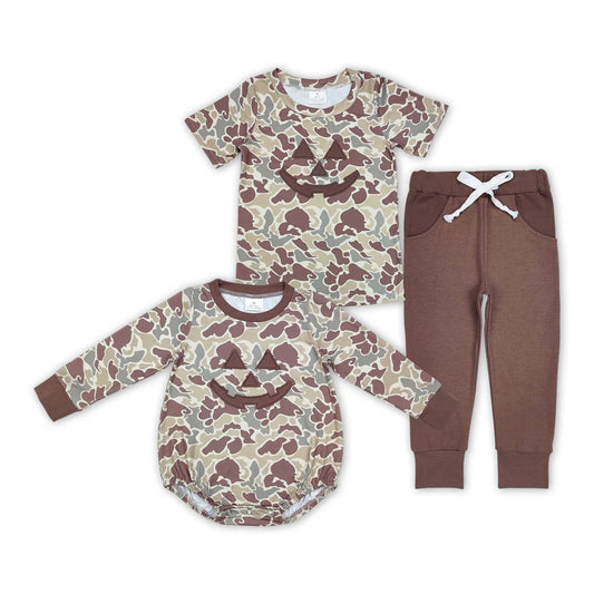 Pumpkin Camo boys romper bubble set