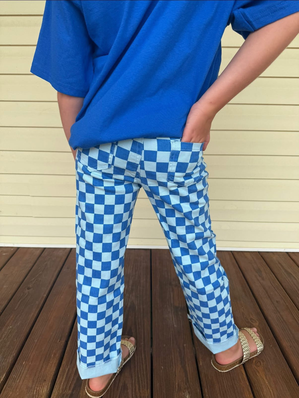 Blue checkered denim boys girls