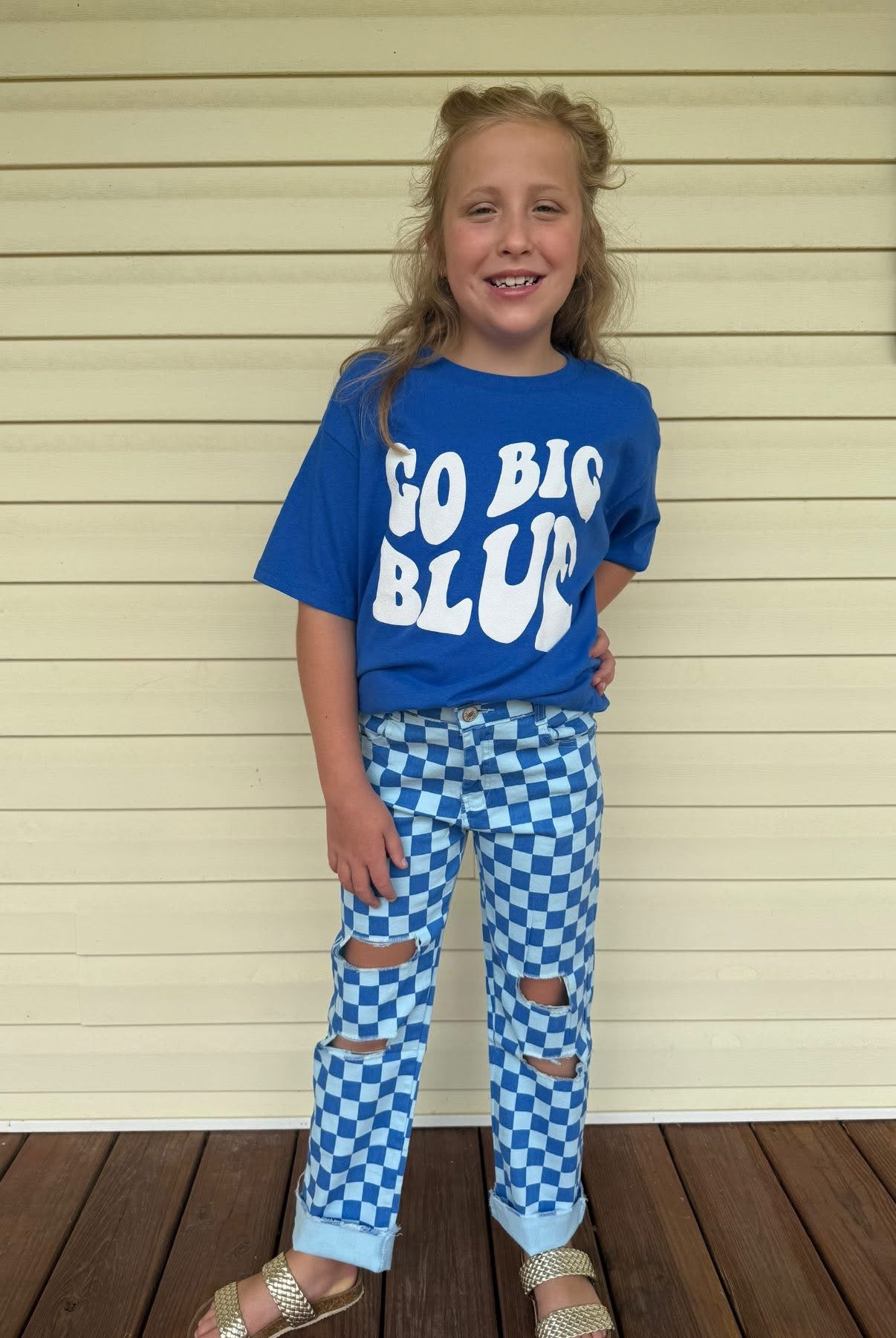 Blue checkered denim boys girls