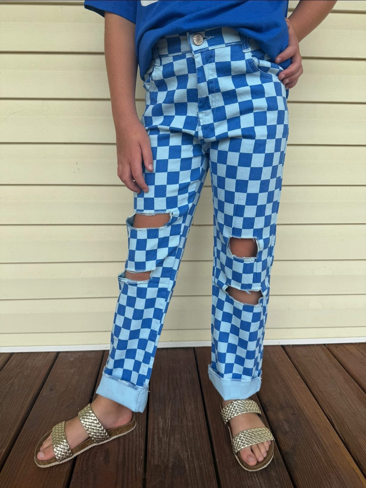 Blue checkered denim boys girls