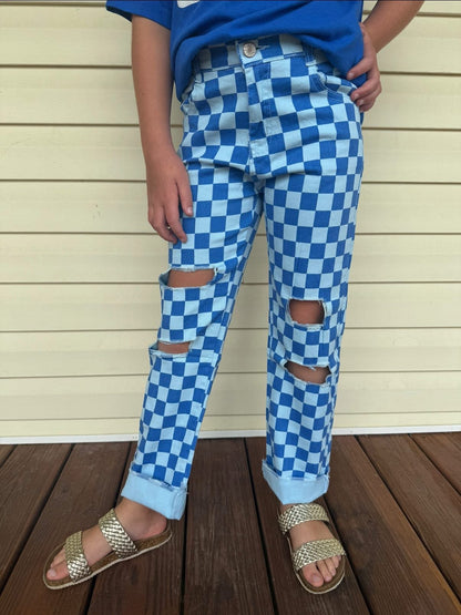 Blue checkered denim boys girls