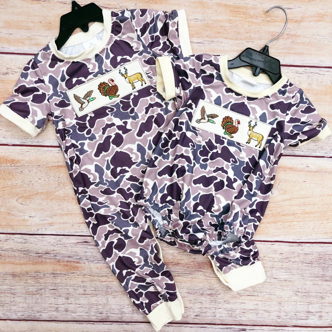 Bubble romper baby boys ducks deer turkey