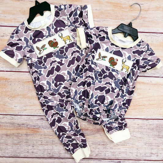 Bubble romper baby boys ducks deer turkey